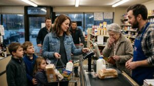 «Уберите хлеб, у меня не хватает денег!» — бедная мать троих детей заплатила за незнакомую старушку. Через три дня к её двери пришёл кассир с письмом, которое перевернуло её жизнь
